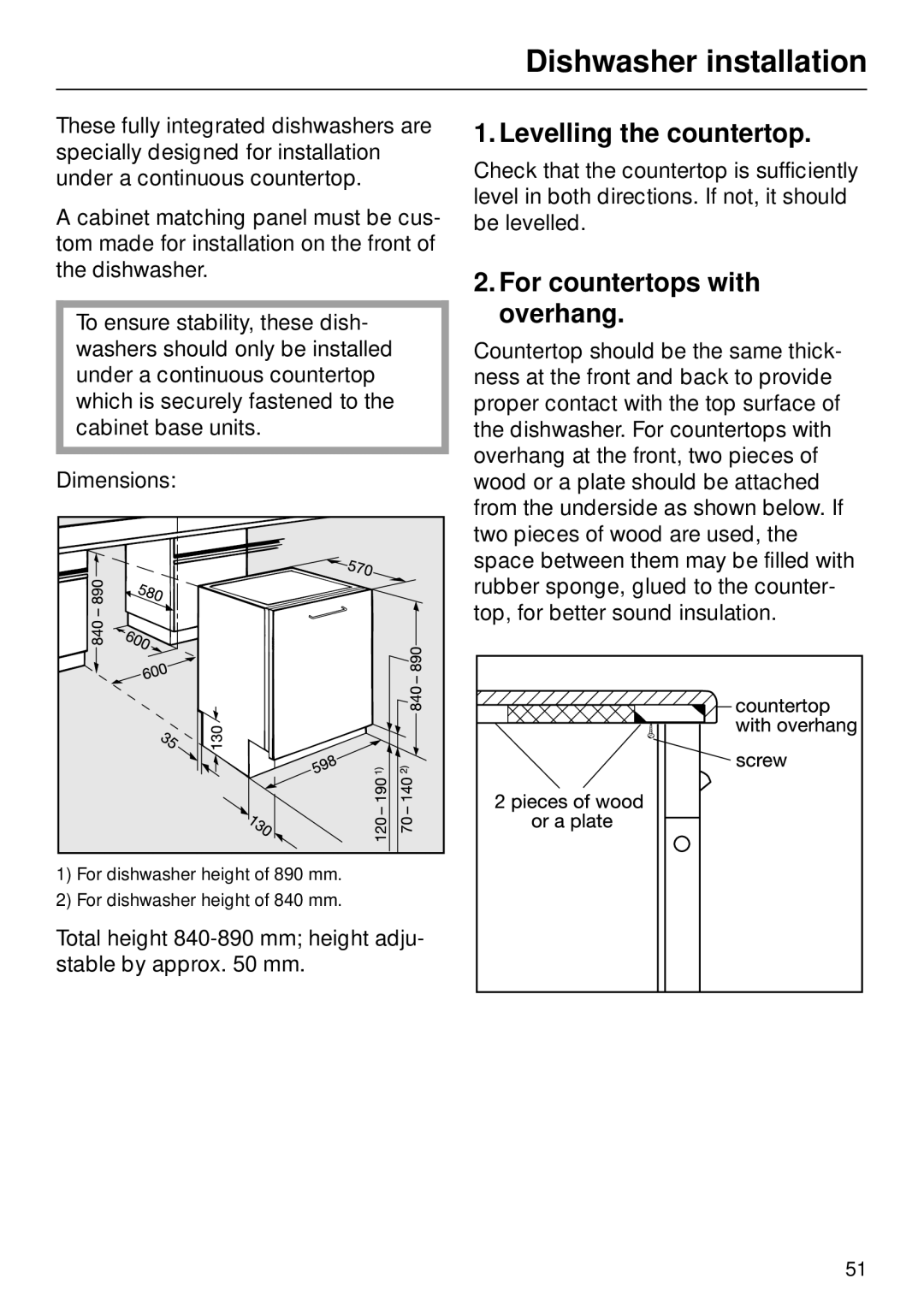 Miele G 879 SCVI installation instructions Dishwasher installation, Levelling the countertop, For countertops with overhang 