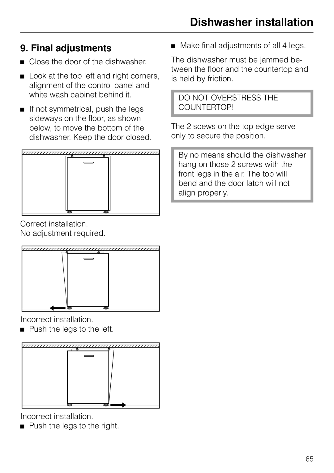 Miele G 879 SCVI installation instructions Final adjustments, Do not Overstress Countertop 