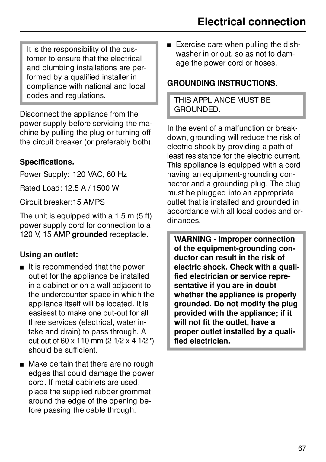 Miele G 879 SCVI installation instructions Electrical connection, Specifications, Using an outlet 