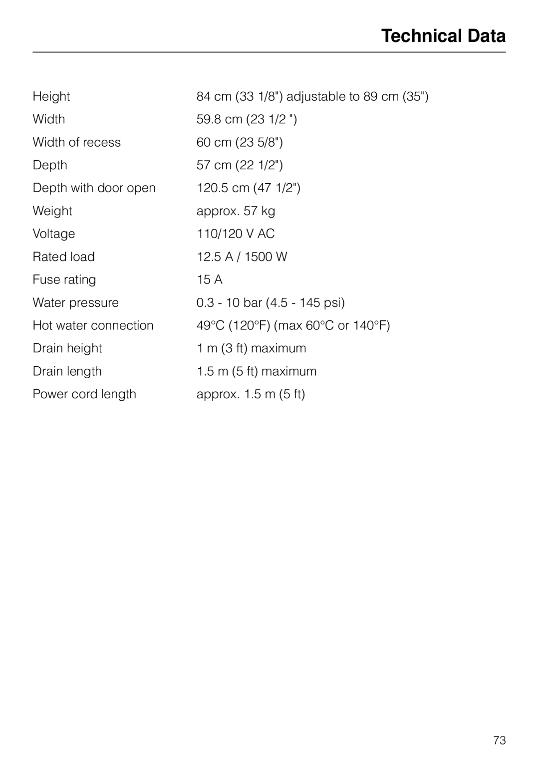 Miele G 879 SCVI installation instructions Technical Data 