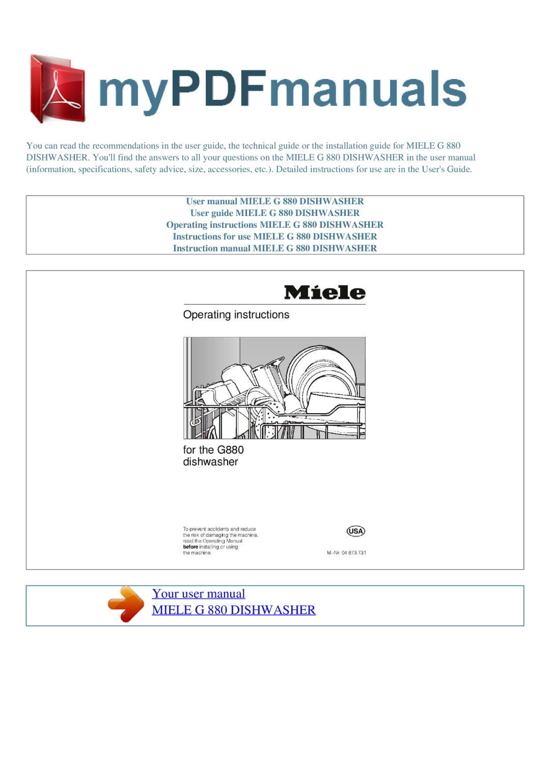 Miele user manual Miele G 880 Dishwasher 