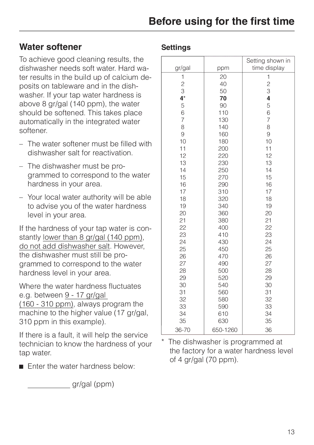 Miele G 886 manual Water softener, Settings 