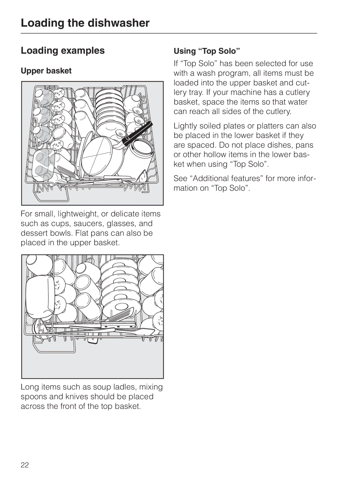 Miele G 886 manual Loading examples, Upper basket, Using Top Solo 