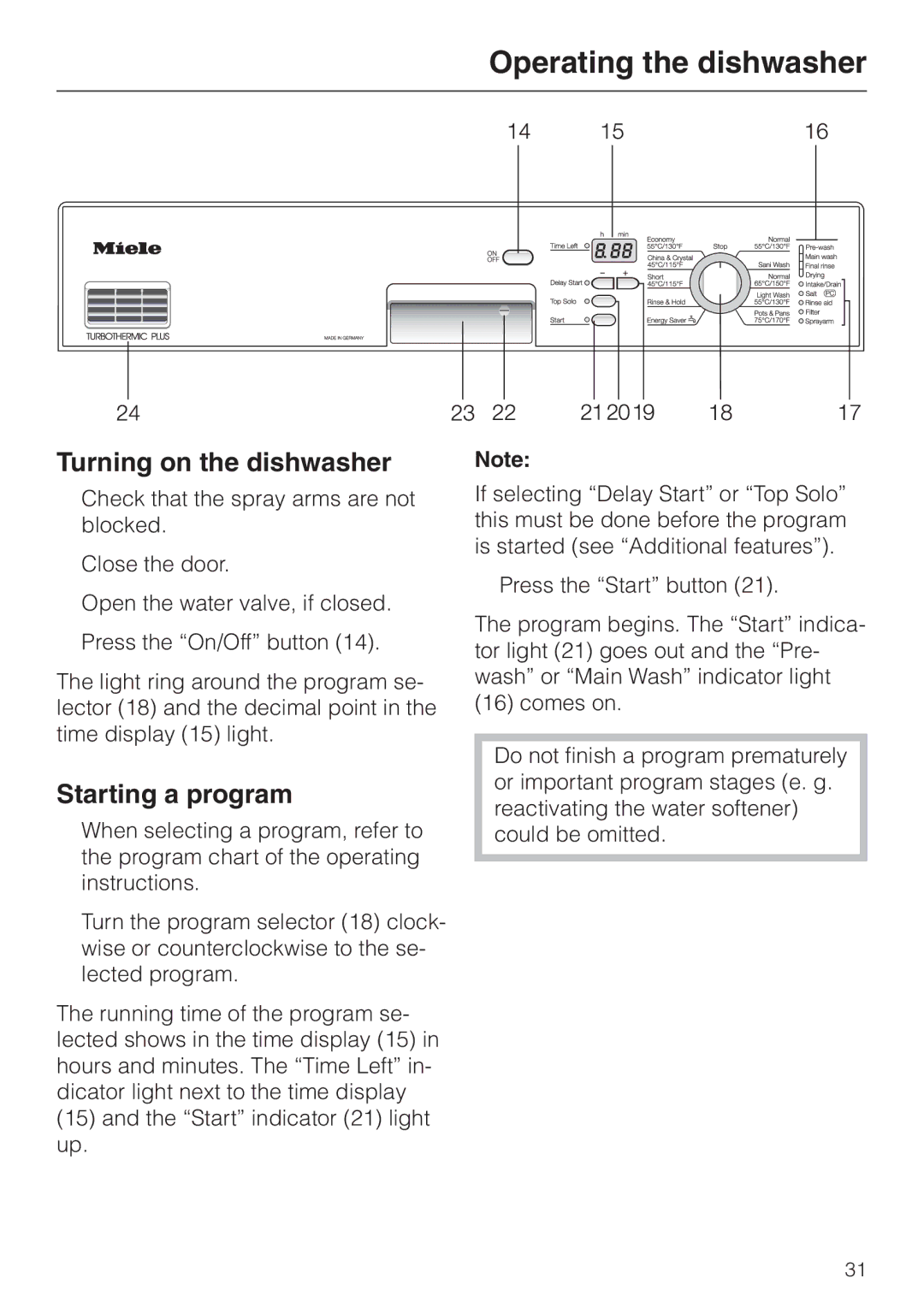 Miele G 886 manual Turning on the dishwasher, Starting a program 