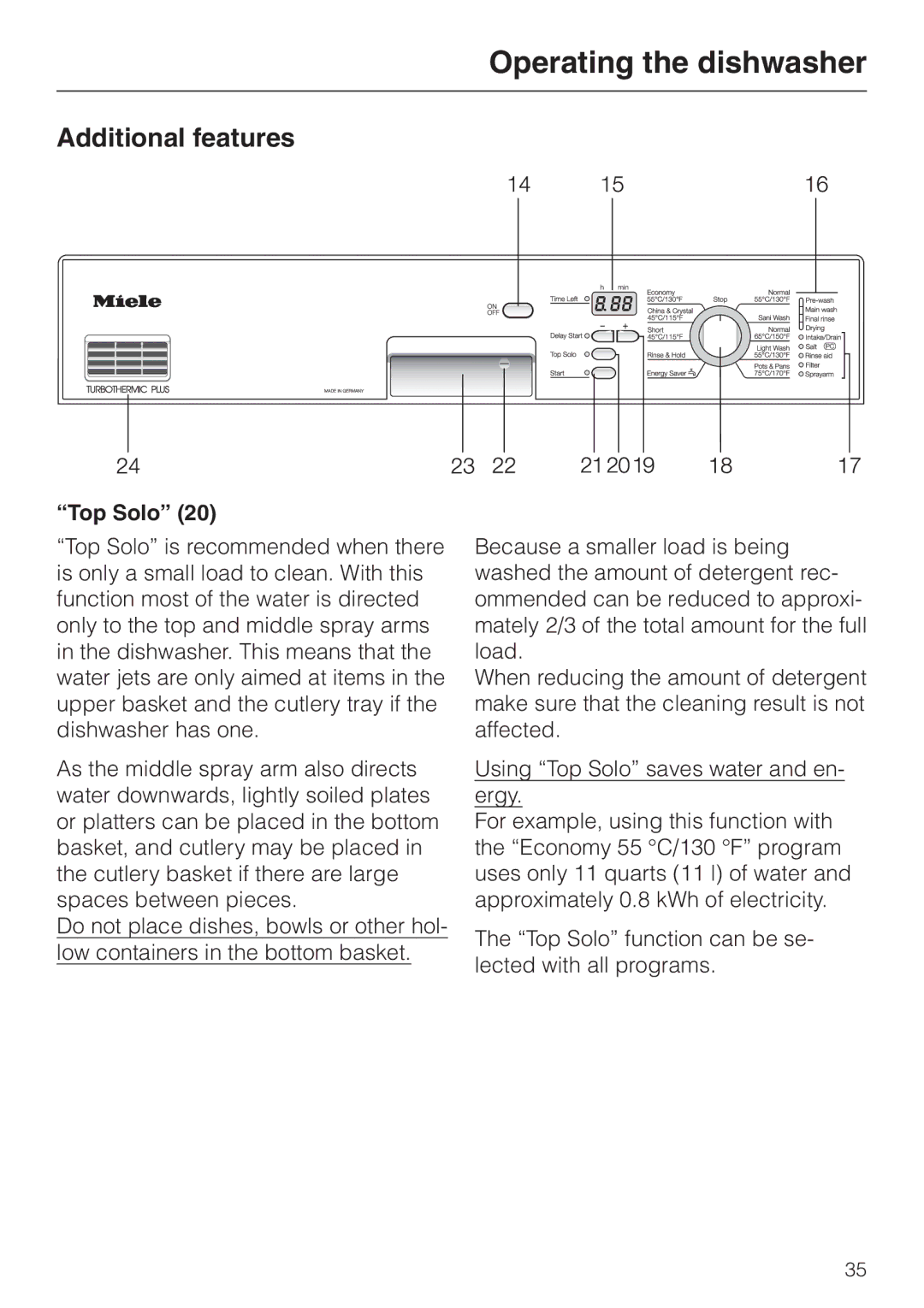 Miele G 886 manual Additional features, Top Solo 