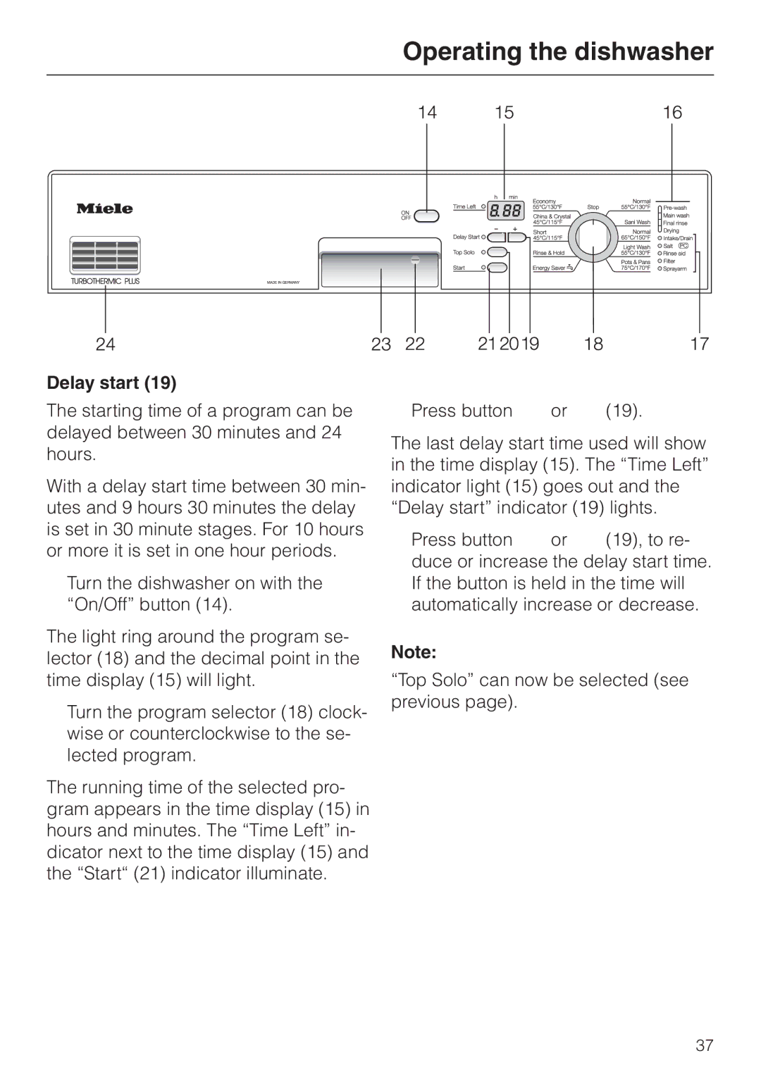 Miele G 886 manual Delay start 