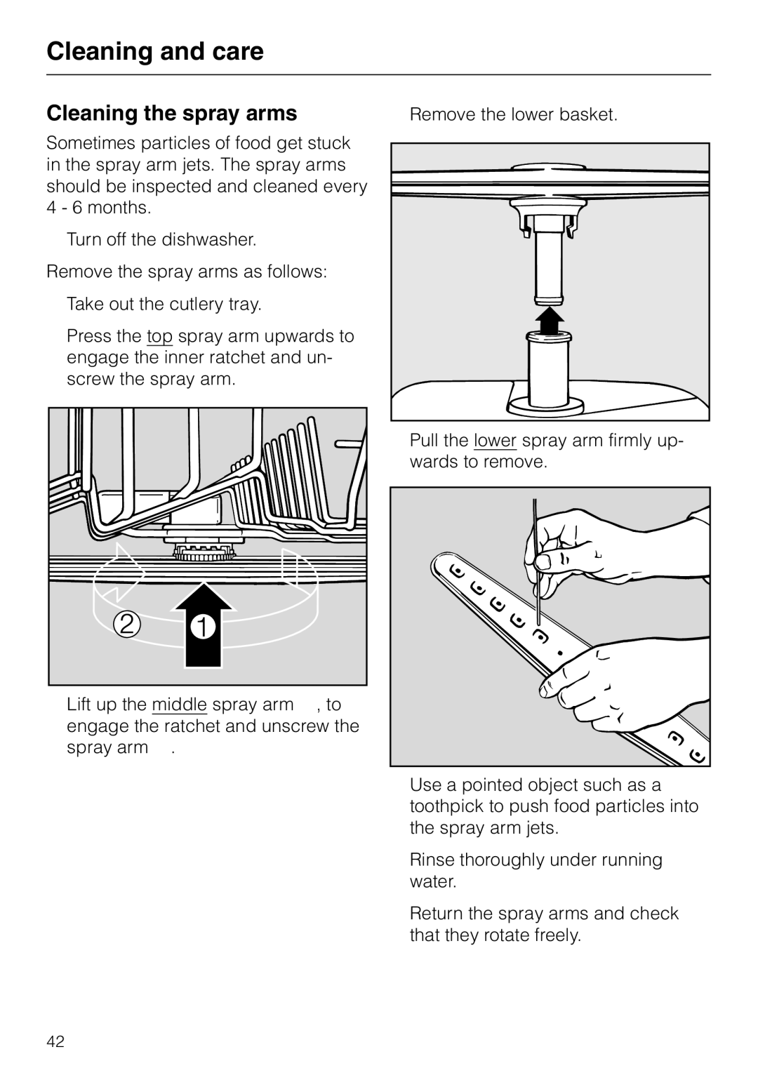 Miele G 886 manual Cleaning the spray arms, Remove the lower basket 