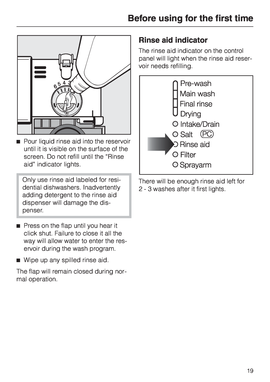 Miele G 886 manual Before using for the first time, Rinse aid indicator 