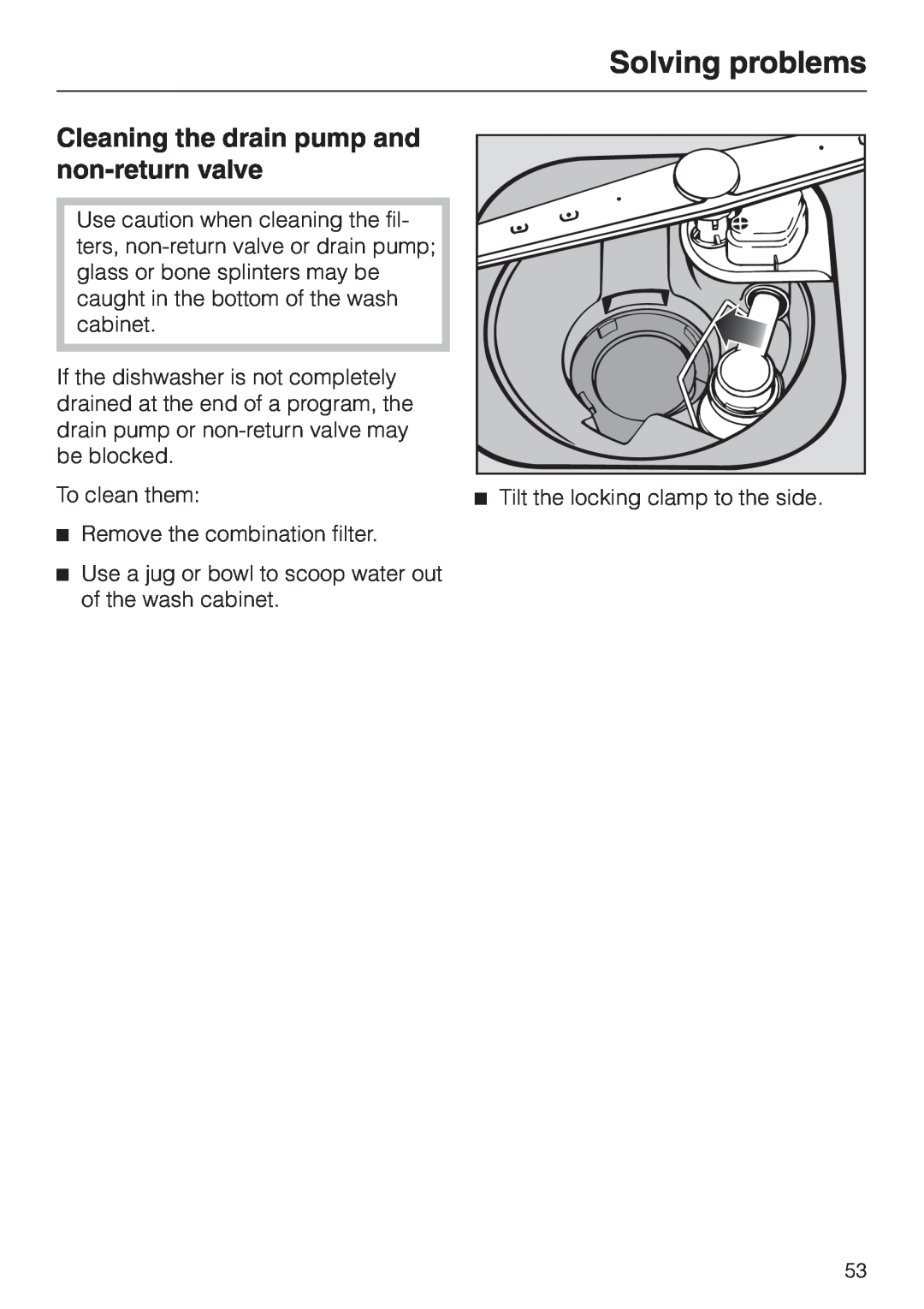 Miele G 886 manual Solving problems, Cleaning the drain pump and non-returnvalve 