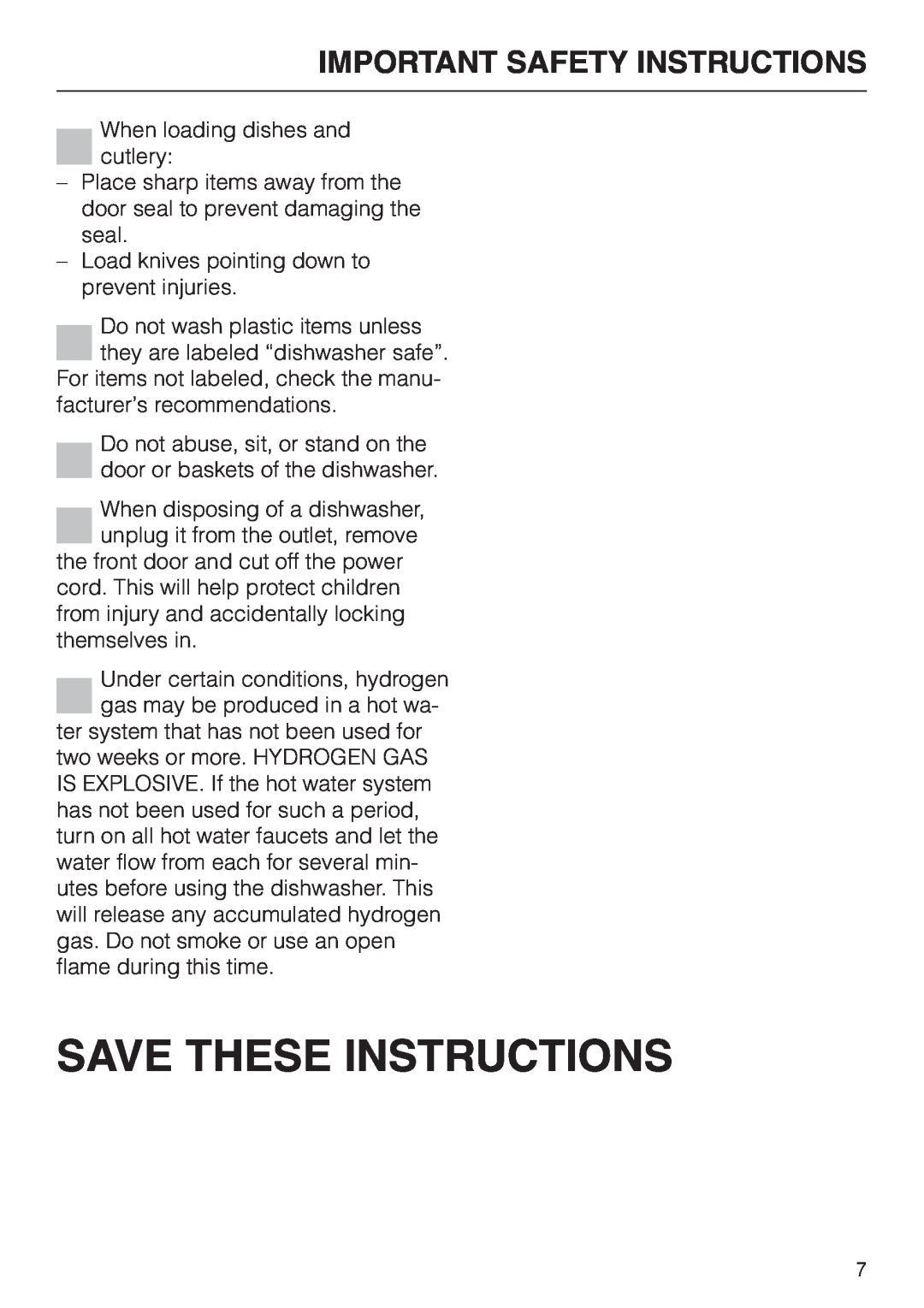 Miele G 886 manual Save These Instructions, Important Safety Instructions 