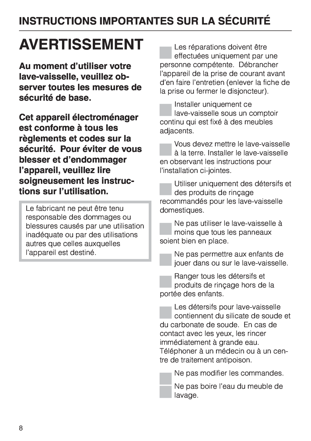 Miele G 886 manual Avertissement, Instructions Importantes Sur La Sécurité 
