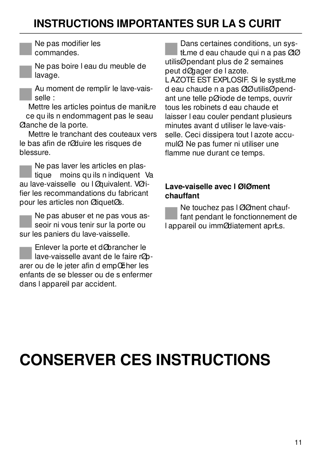 Miele G 890 manual Conserver CES Instructions, Lave-vaiselle avec l’élément chauffant 