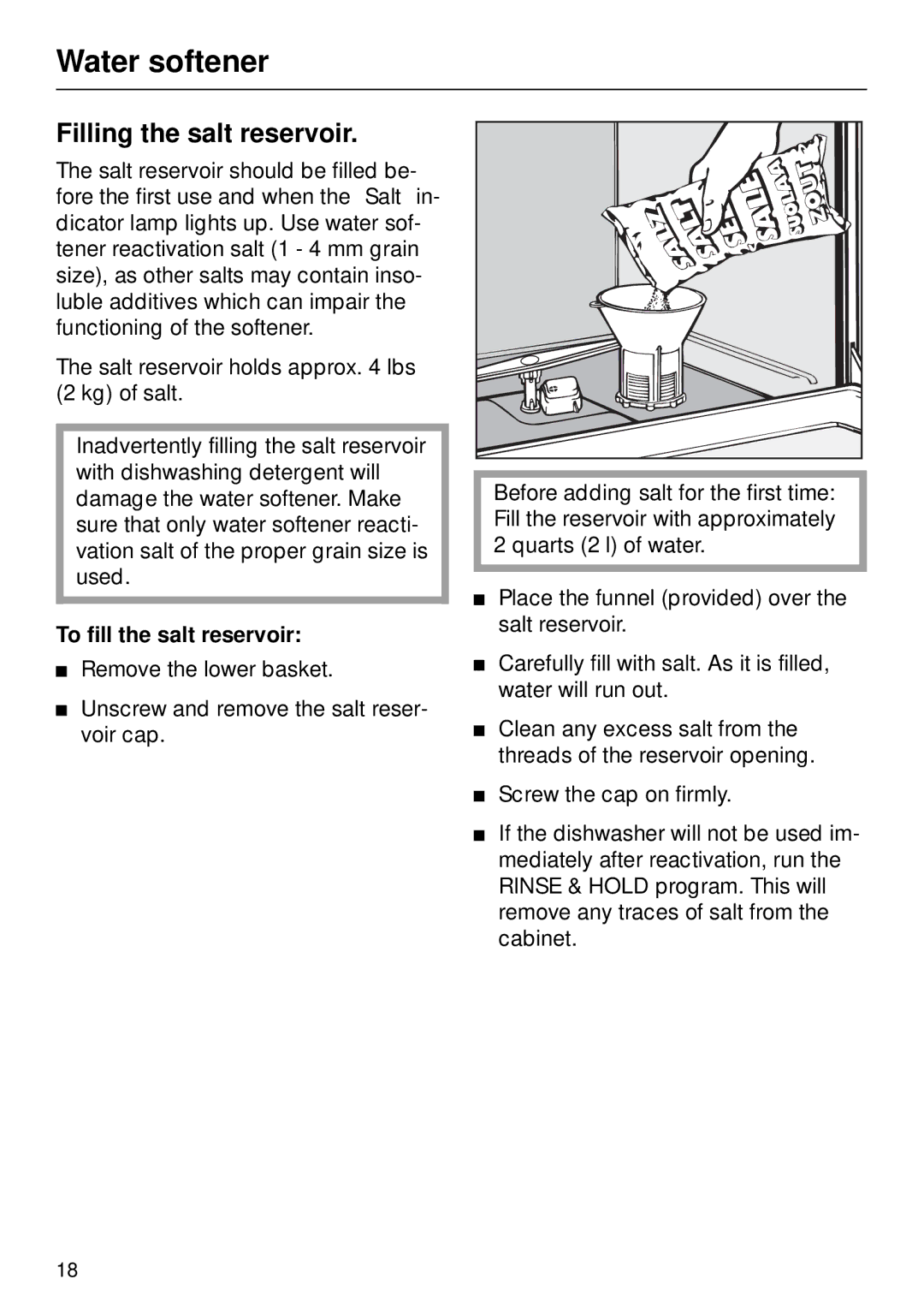 Miele G 890 manual Filling the salt reservoir, To fill the salt reservoir 
