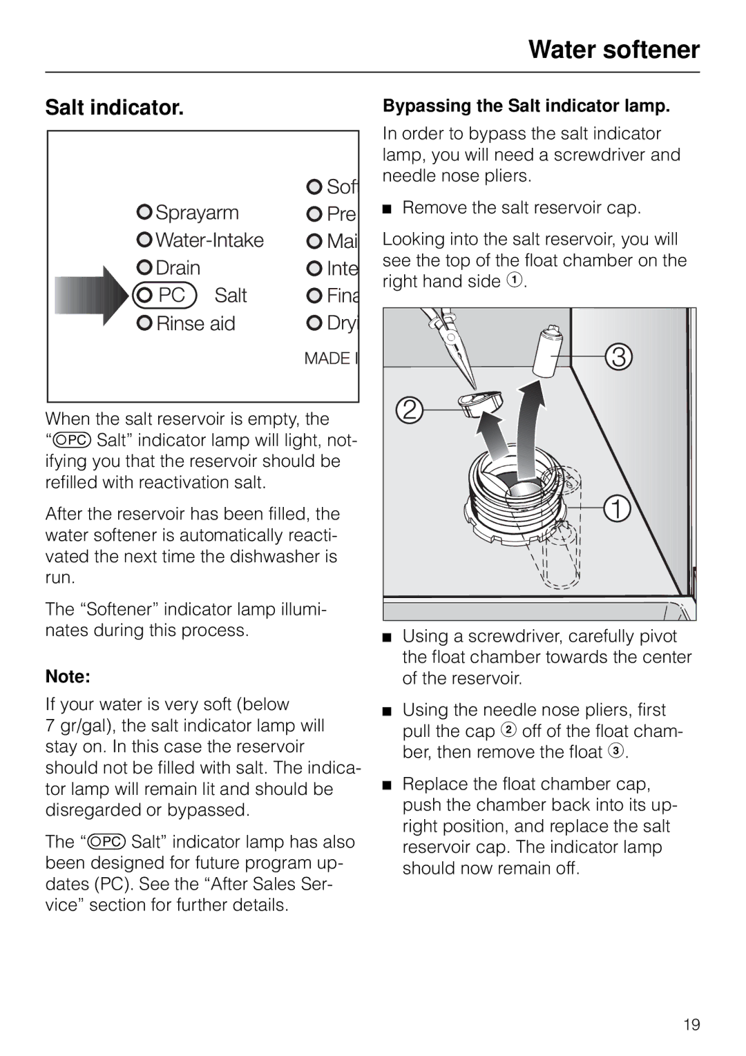 Miele G 890 manual Bypassing the Salt indicator lamp 