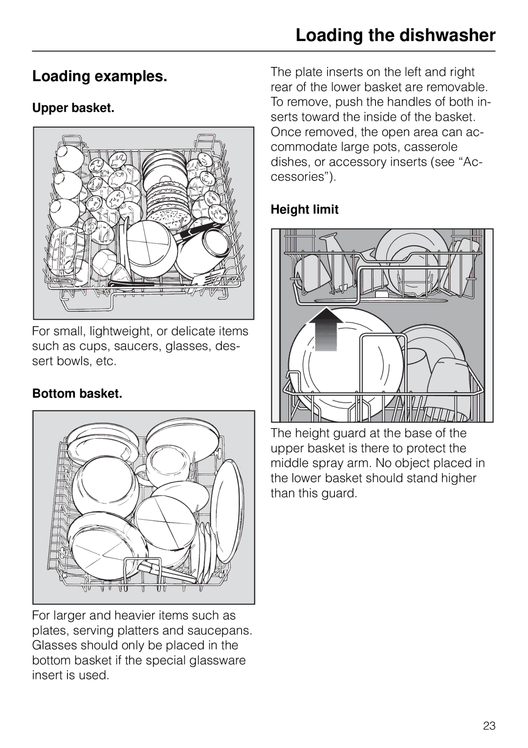 Miele G 890 manual Loading examples, Upper basket, Bottom basket, Height limit 