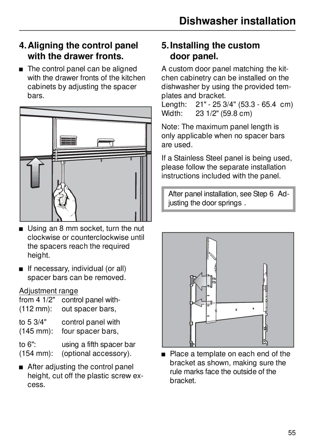 Miele G 890 manual Aligning the control panel with the drawer fronts, Installing the custom door panel 