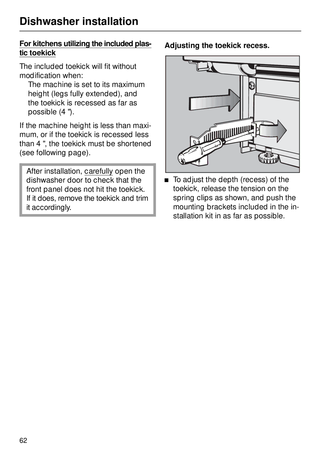 Miele G 890 manual For kitchens utilizing the included plas- tic toekick, Adjusting the toekick recess 