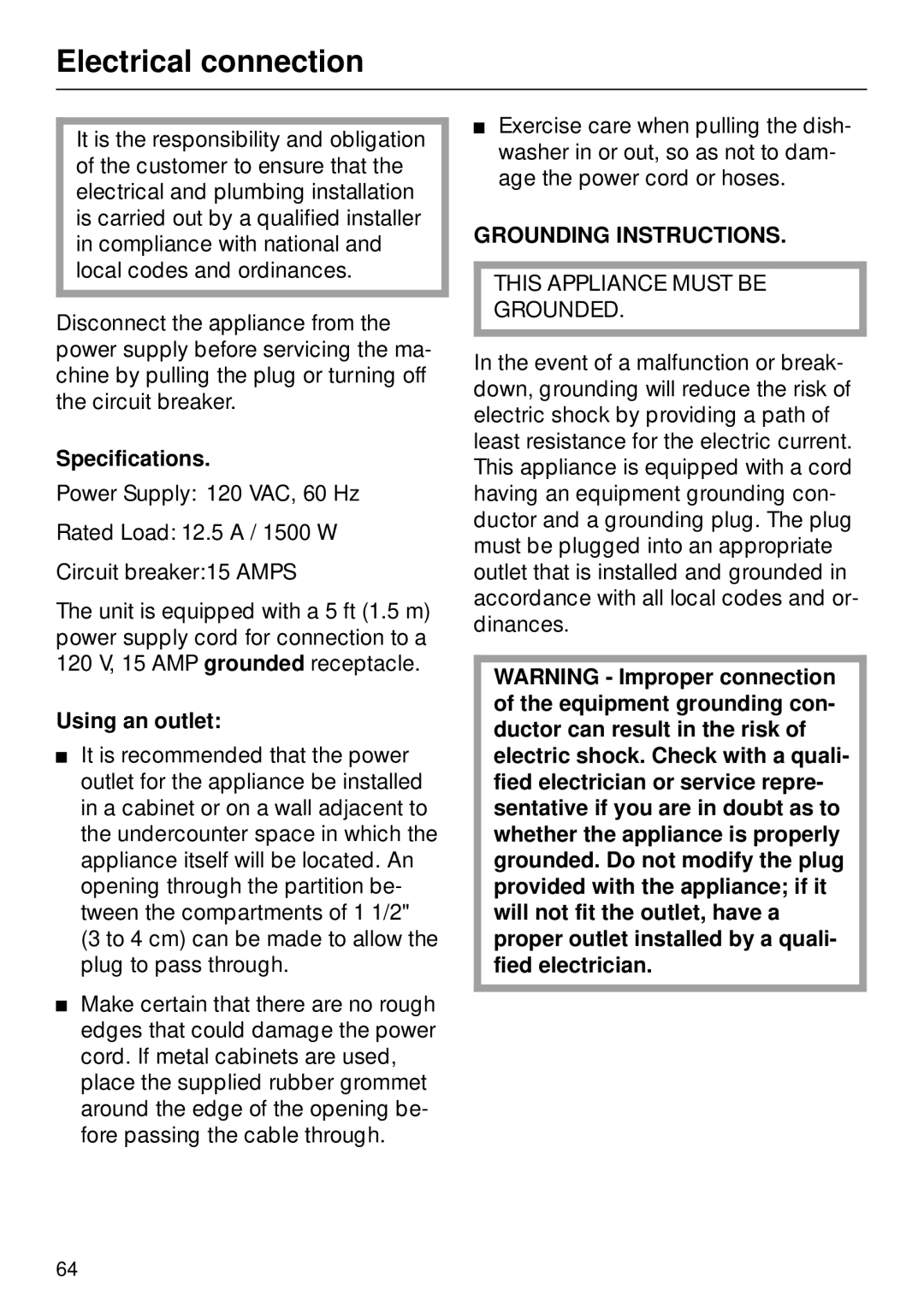 Miele G 890 manual Electrical connection, Specifications, Using an outlet 