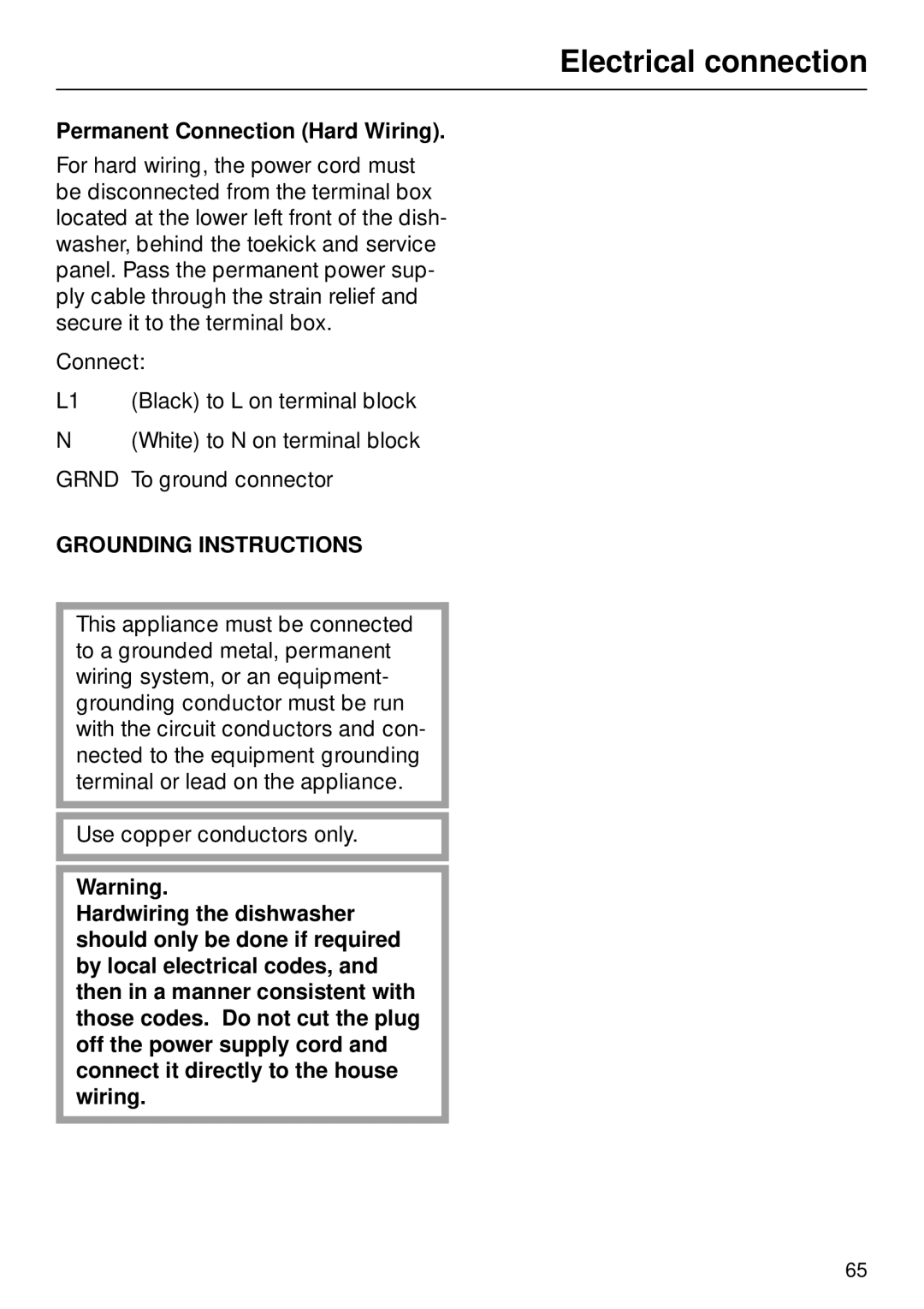 Miele G 890 manual Permanent Connection Hard Wiring 