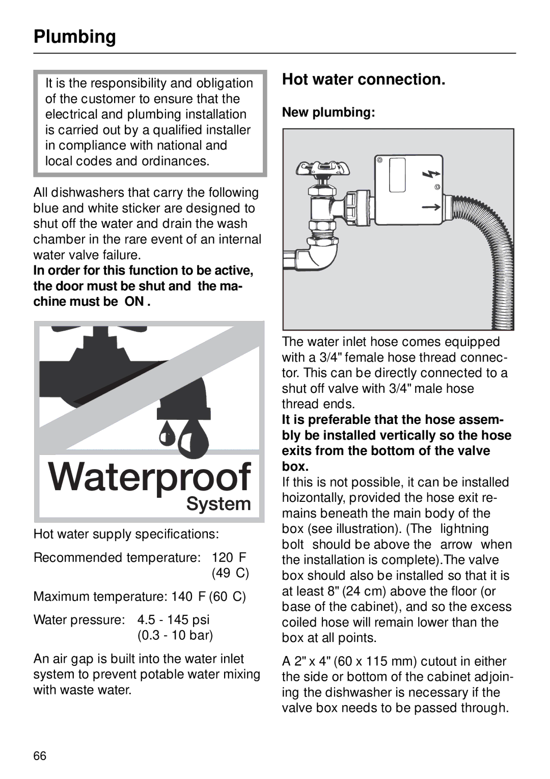 Miele G 890 manual Plumbing, Hot water connection, New plumbing 