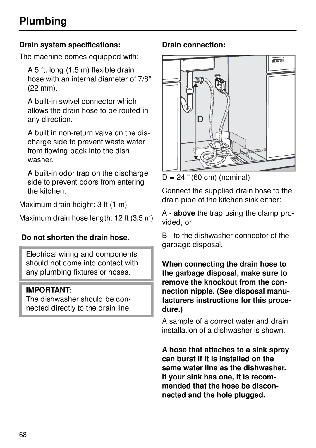 Miele G 890 manual Drain system specifications, Do not shorten the drain hose, Drain connection 