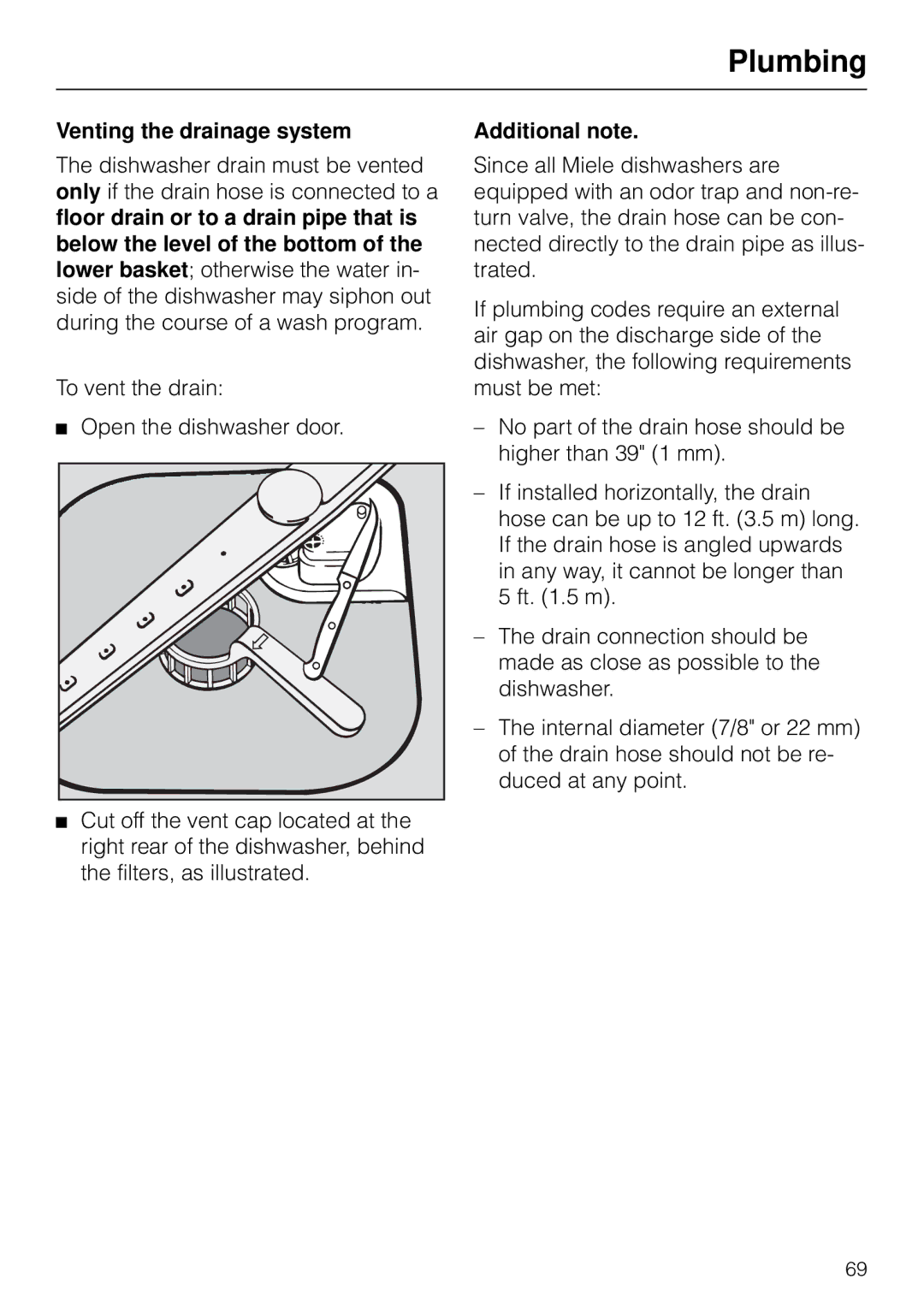 Miele G 890 manual Venting the drainage system, Additional note 