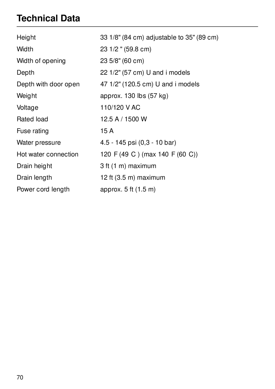 Miele G 890 manual Technical Data 