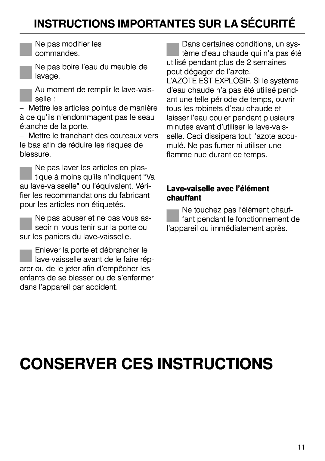 Miele G 890 Conserver Ces Instructions, Instructions Importantes Sur La Sécurité, Lave-vaiselleavec l’élément chauffant 