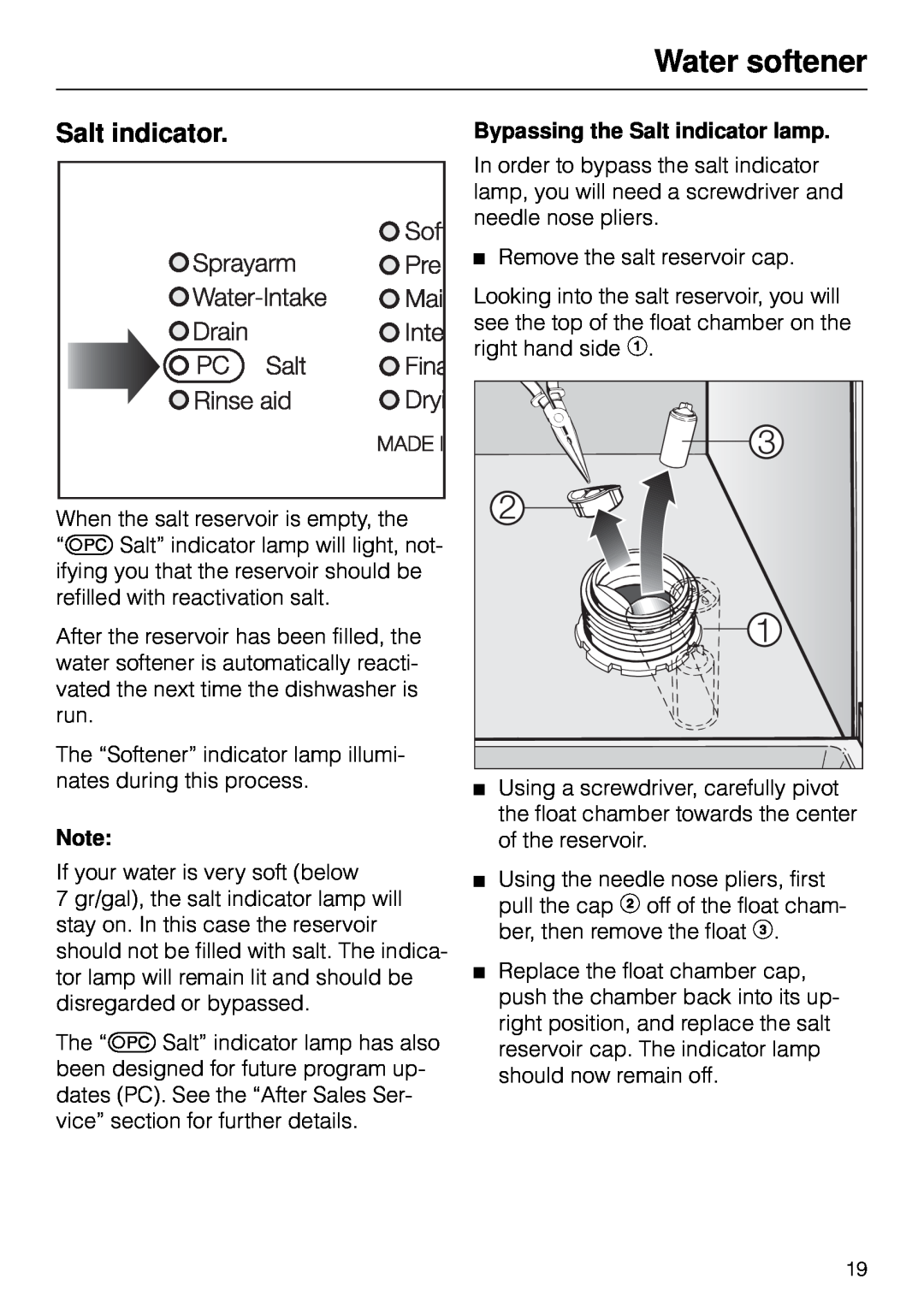Miele G 890 manual Water softener, Bypassing the Salt indicator lamp 