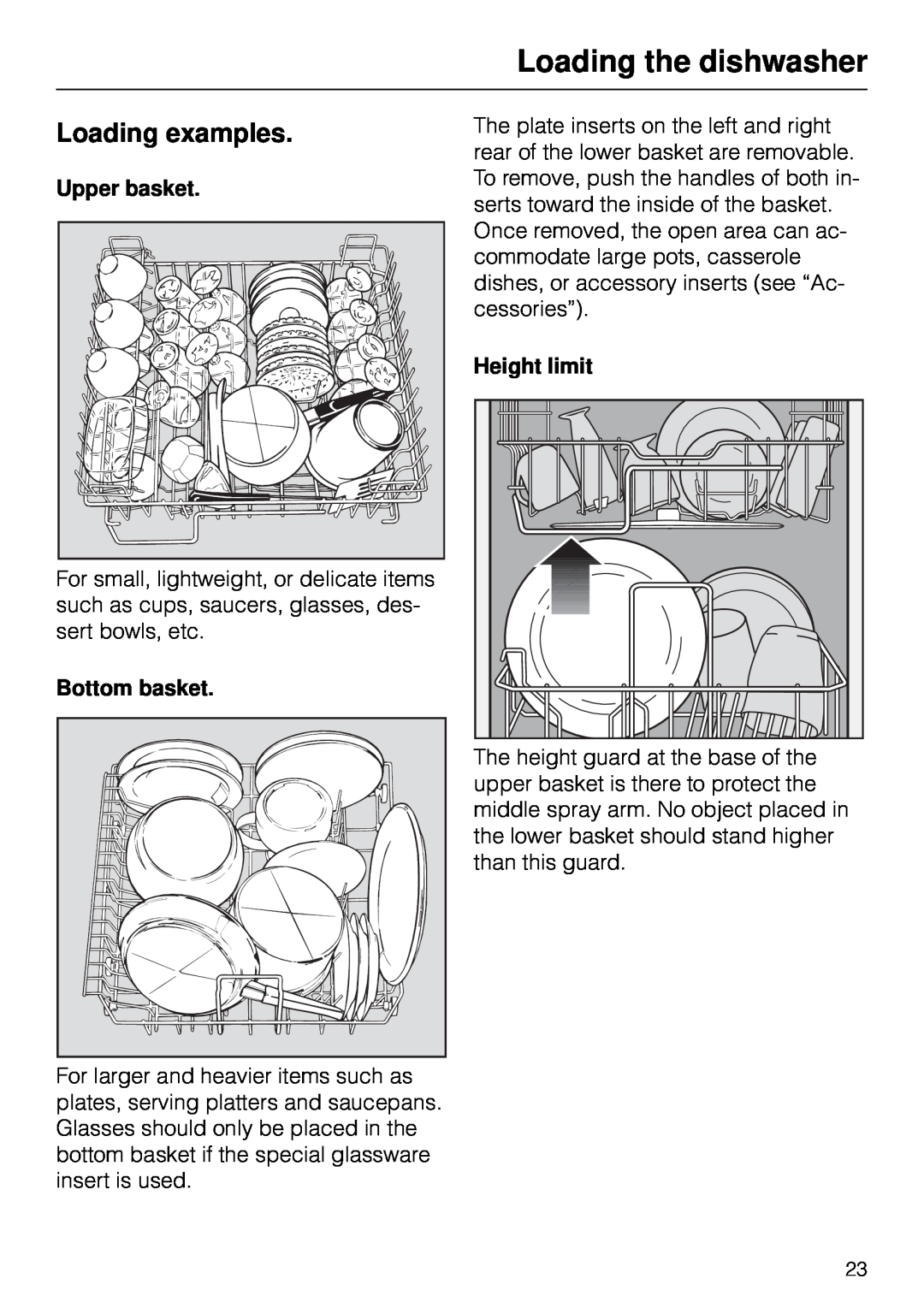 Miele G 890 manual Loading the dishwasher, Loading examples, Upper basket, Bottom basket, Height limit 