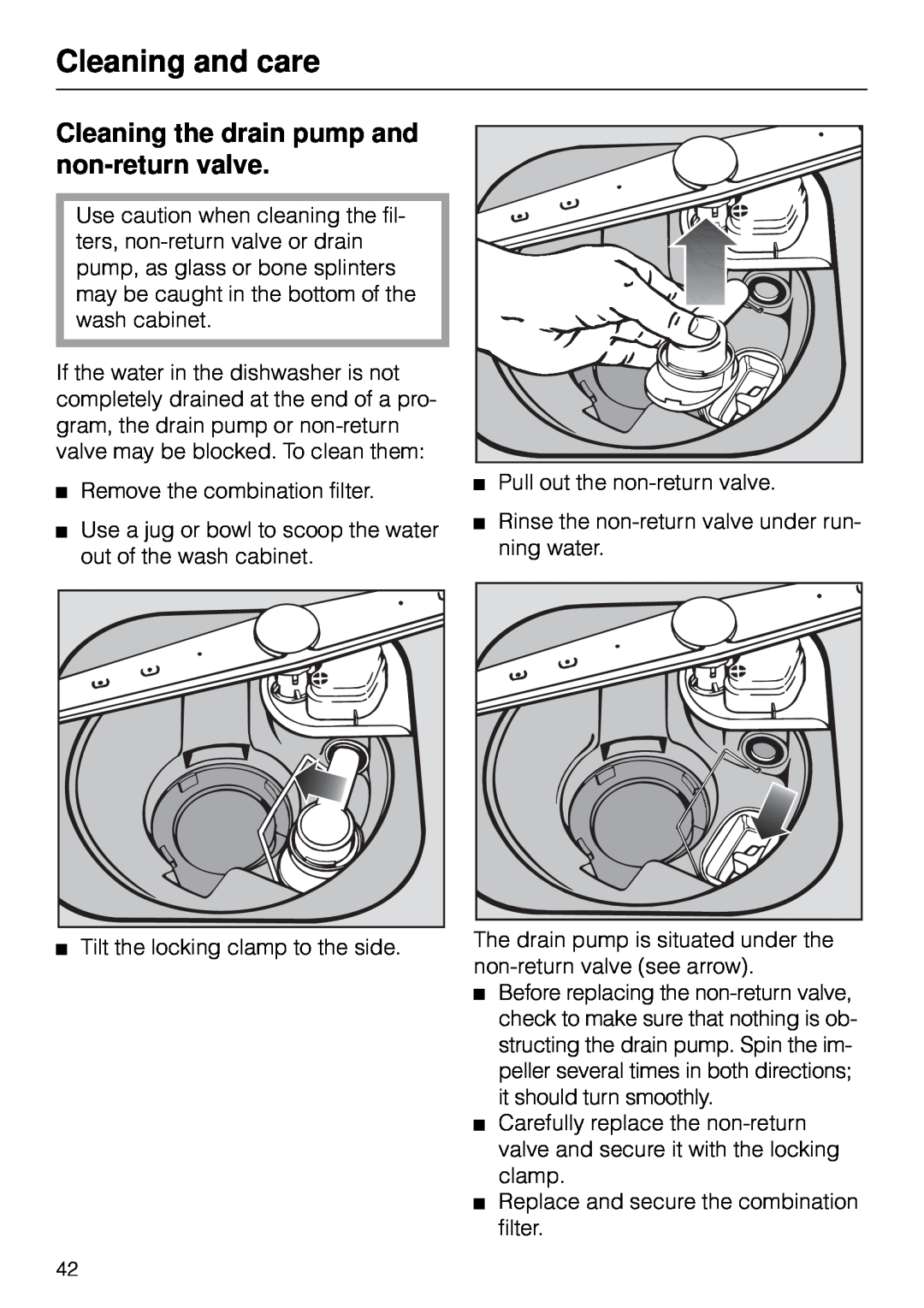 Miele G 890 manual Cleaning and care, Cleaning the drain pump and non-returnvalve 