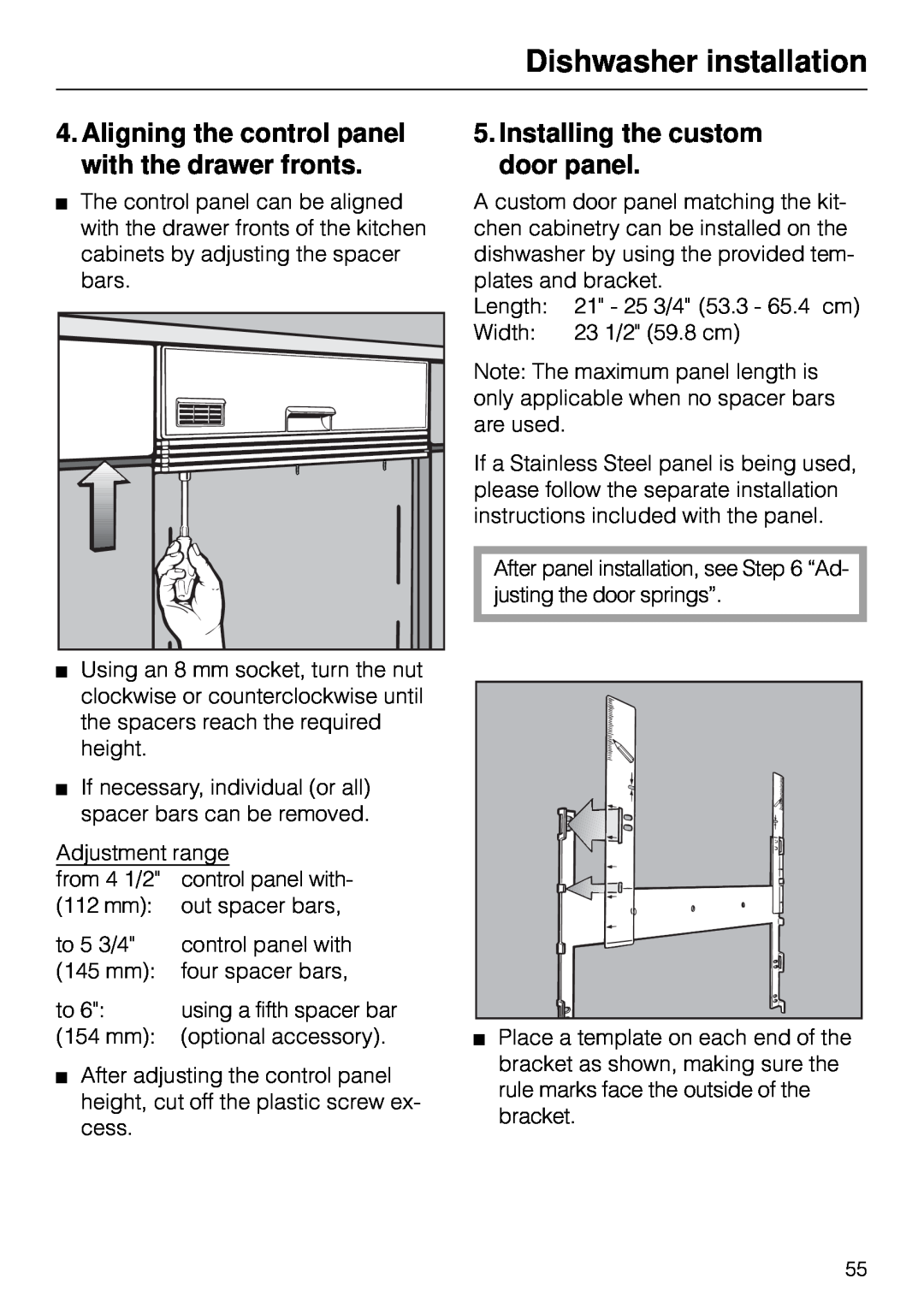 Miele G 890 manual Dishwasher installation, Installing the custom door panel 