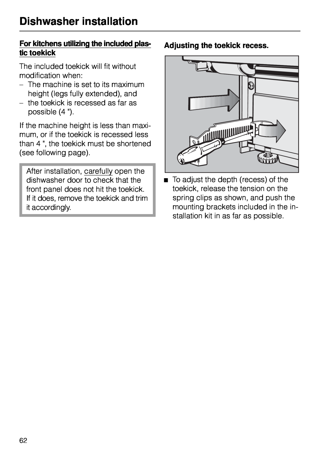 Miele G 890 manual Dishwasher installation, Adjusting the toekick recess 