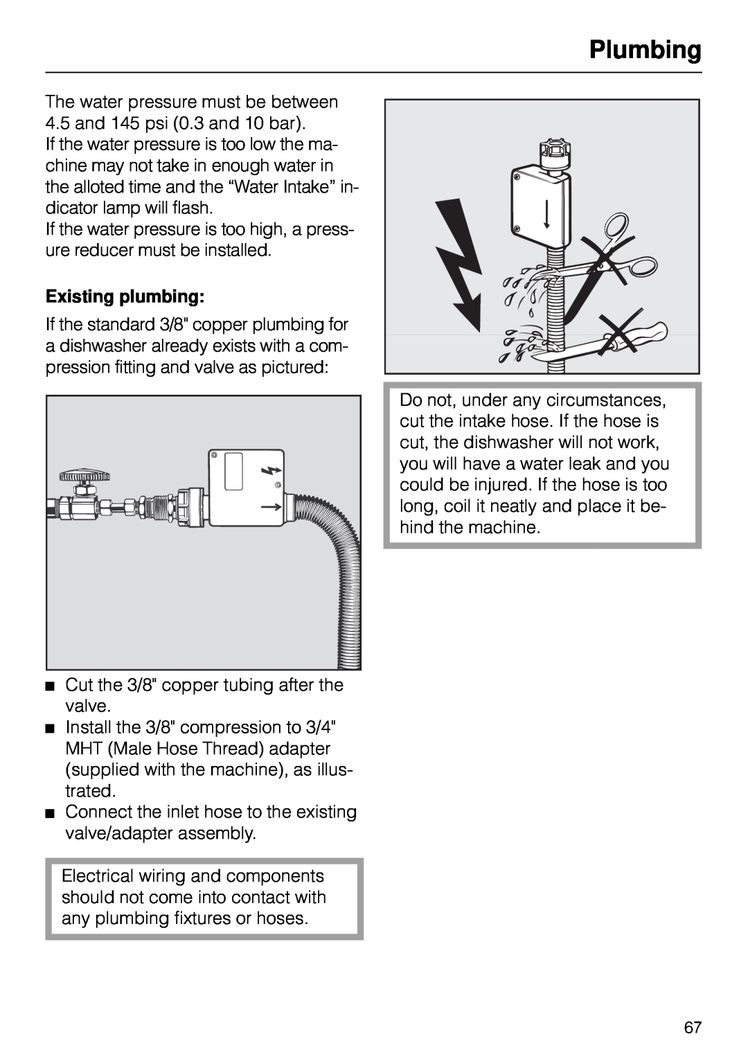 Miele G 890 manual Plumbing, Existing plumbing 