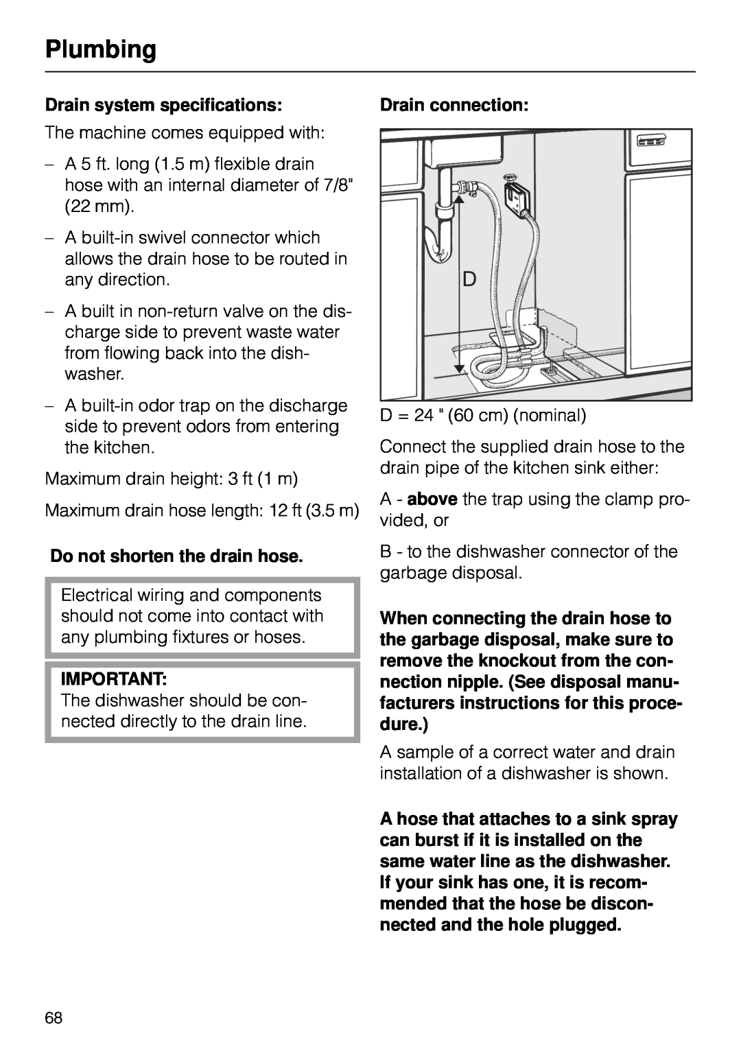 Miele G 890 manual Plumbing, Drain system specifications, Do not shorten the drain hose, Drain connection 