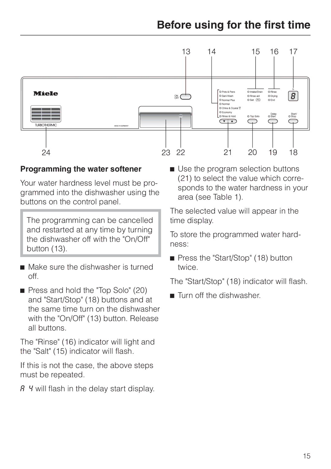 Miele G 694 SC, G 894 SC manual Programming the water softener 