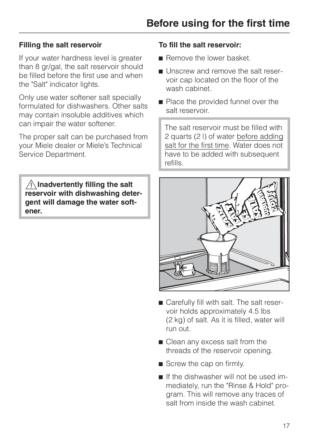 Miele G 694 SC, G 894 SC manual Filling the salt reservoir 