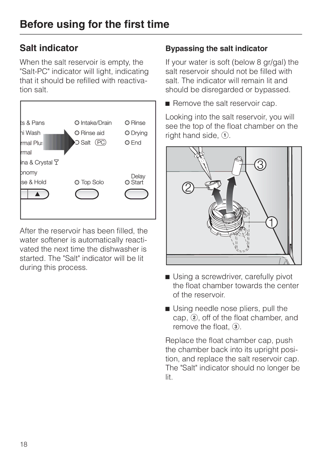 Miele G 894 SC, G 694 SC manual Salt indicator, Bypassing the salt indicator 