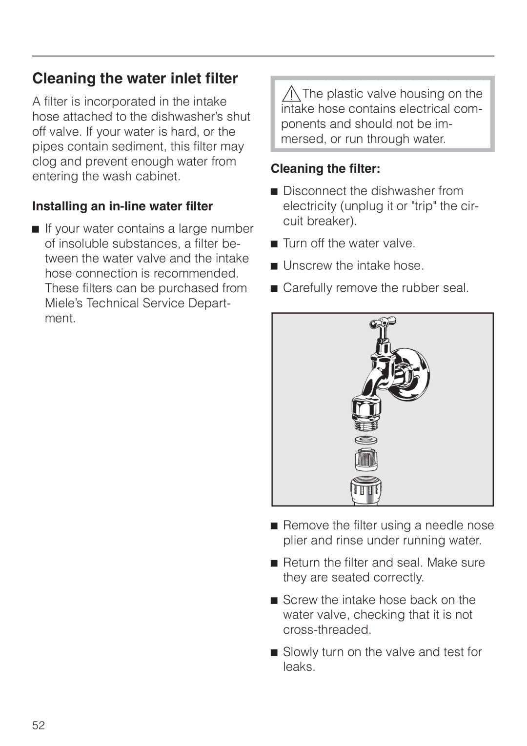 Miele G 894 SC, G 694 SC manual Cleaning the water inlet filter, Installing an in-line water filter, Cleaning the filter 