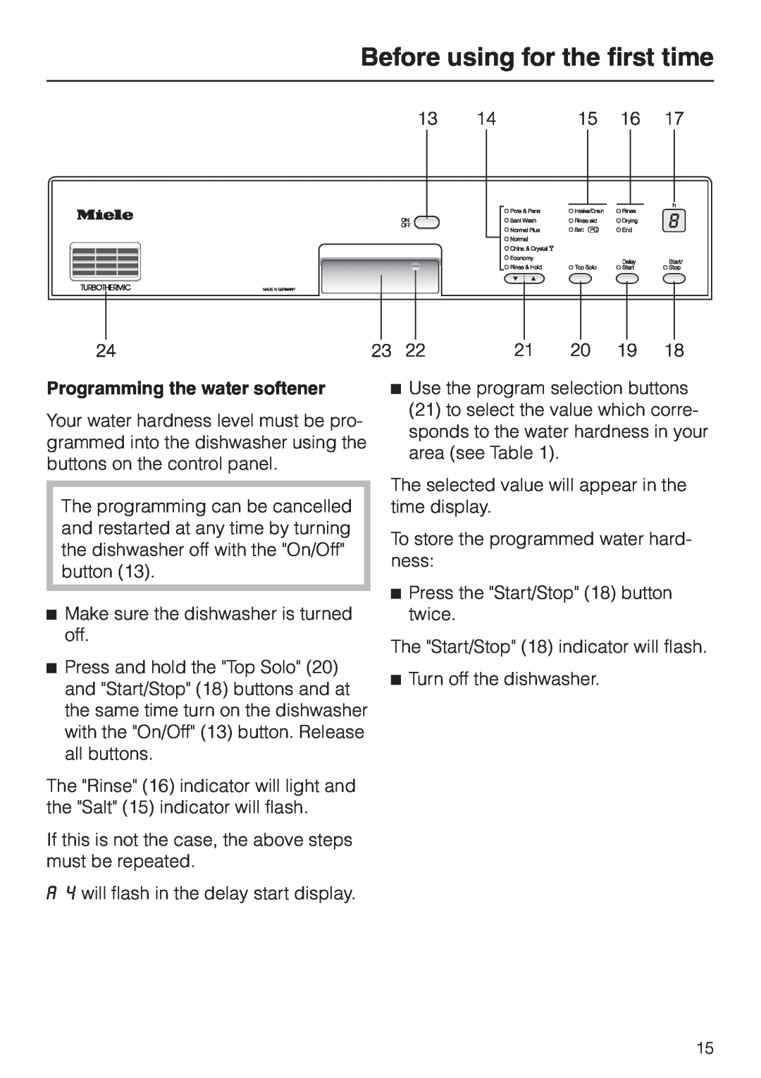 Miele G 694 SC, G 894 SC manual Before using for the first time, Programming the water softener 