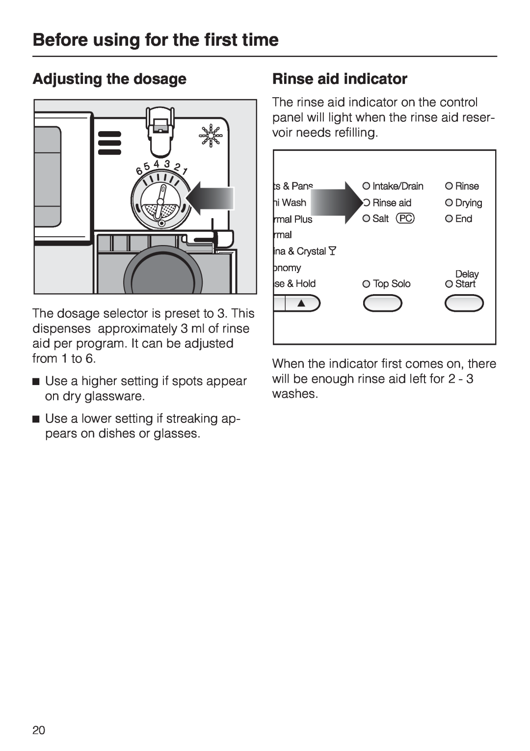 Miele G 894 SC, G 694 SC manual Adjusting the dosage, Rinse aid indicator, Before using for the first time 