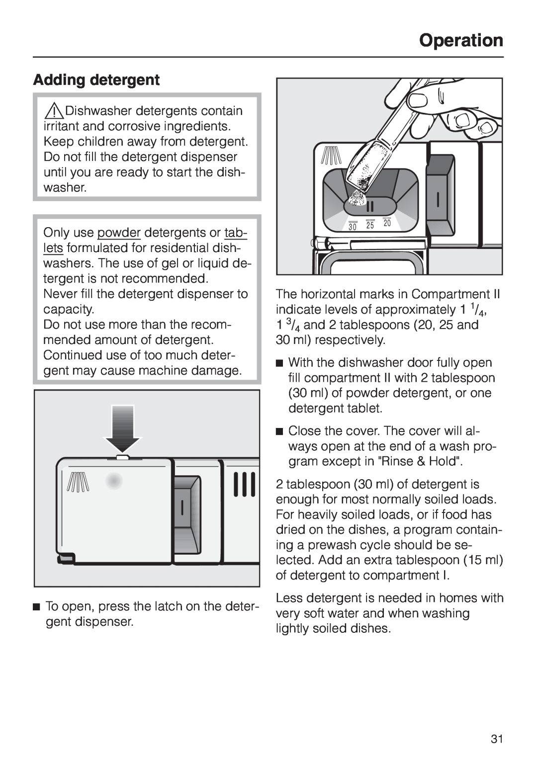 Miele G 694 SC, G 894 SC manual Adding detergent, Operation 