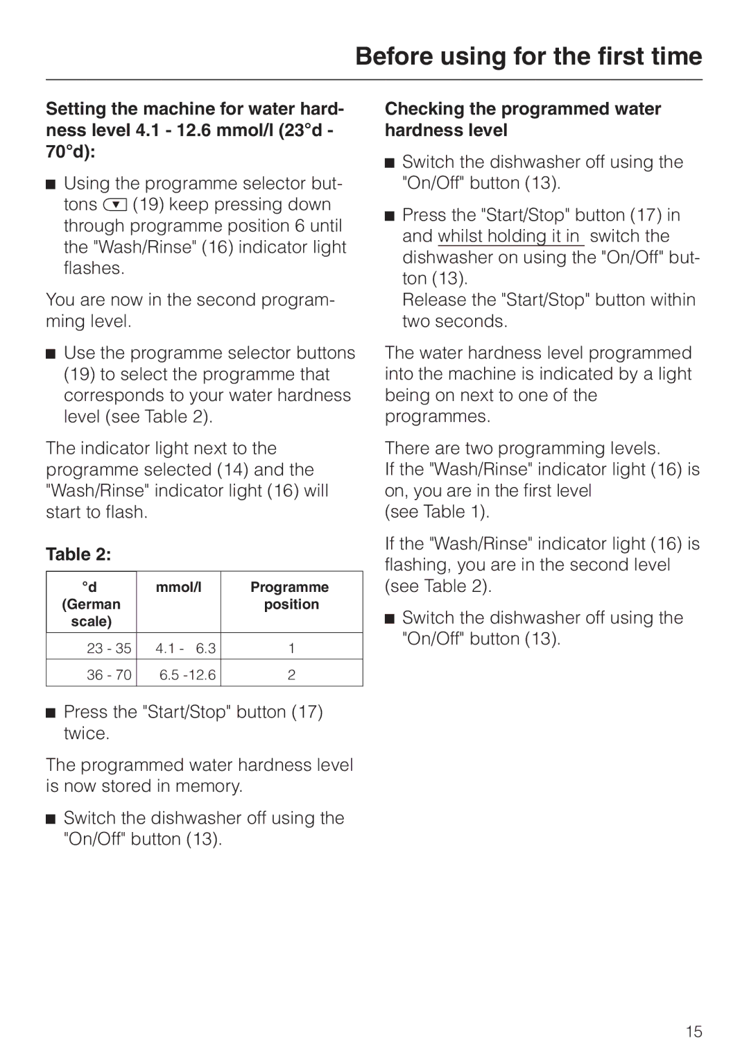 Miele G 6XX, G 8XX operating instructions Checking the programmed water hardness level 