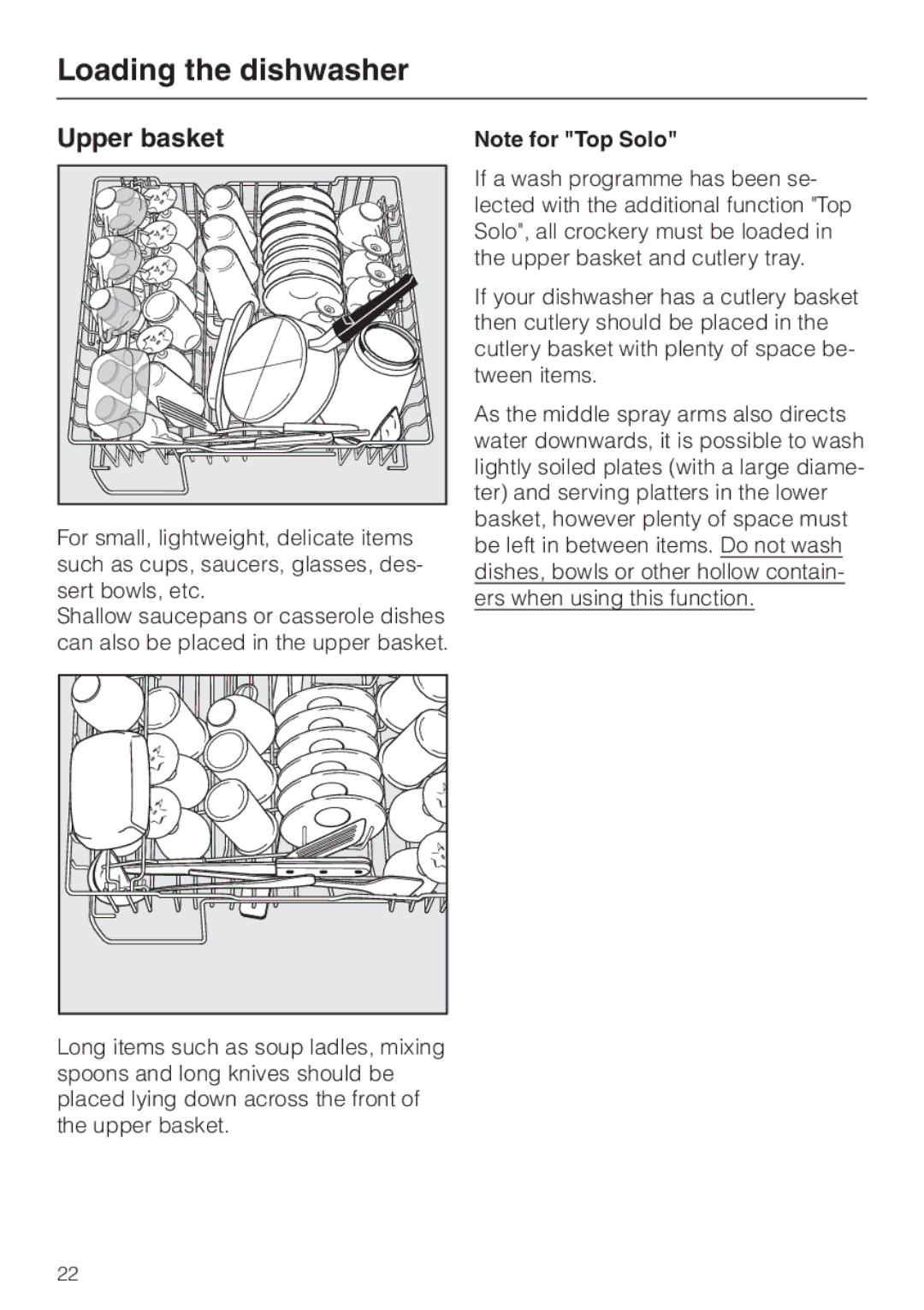 Miele G 8XX, G 6XX operating instructions Upper basket 