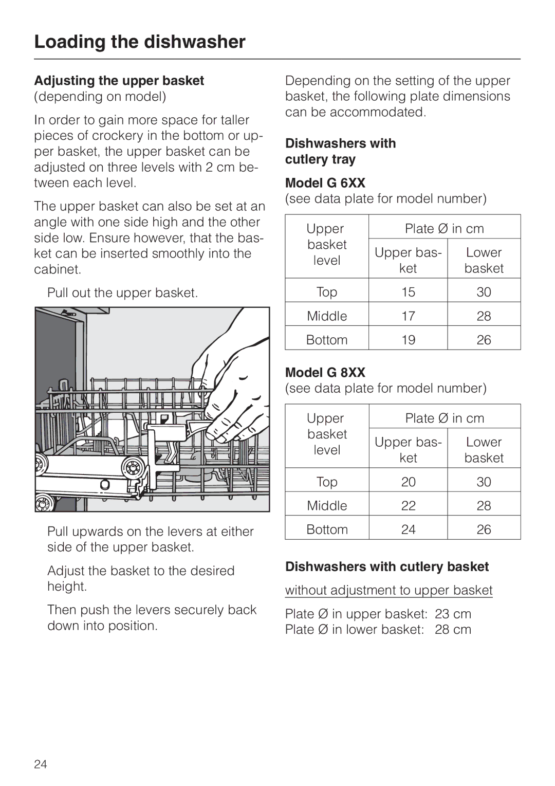 Miele G 8XX, G 6XX Adjusting the upper basket, Pull out the upper basket, Dishwashers with cutlery tray Model G 