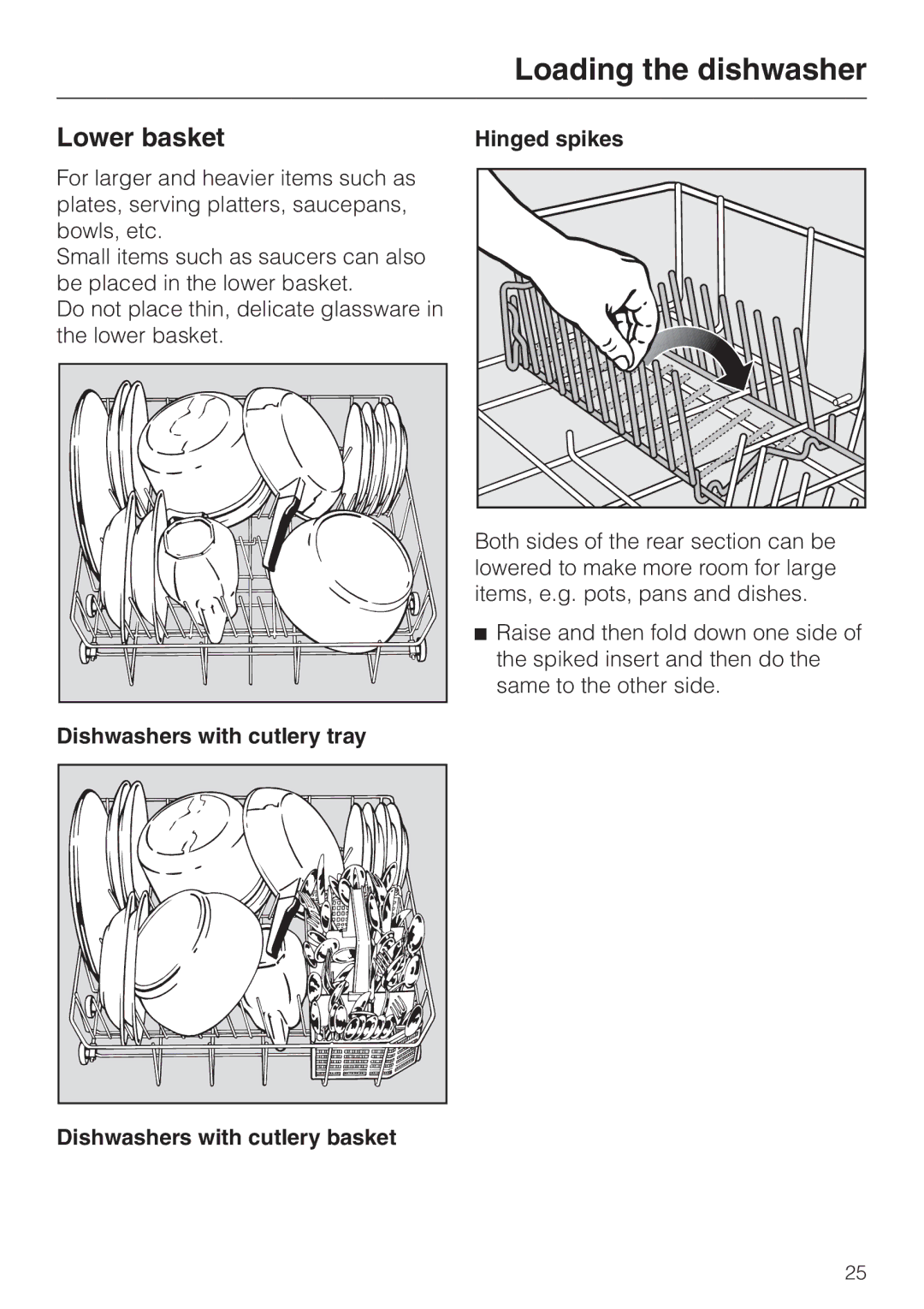 Miele G 6XX, G 8XX operating instructions Lower basket, Hinged spikes 