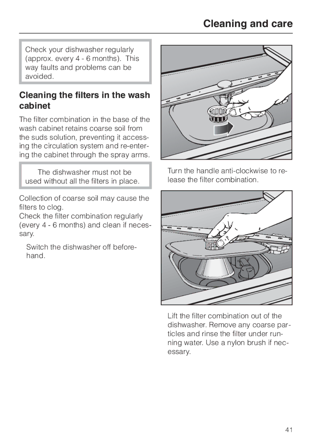 Miele G 6XX, G 8XX operating instructions Cleaning and care, Cleaning the filters in the wash cabinet 