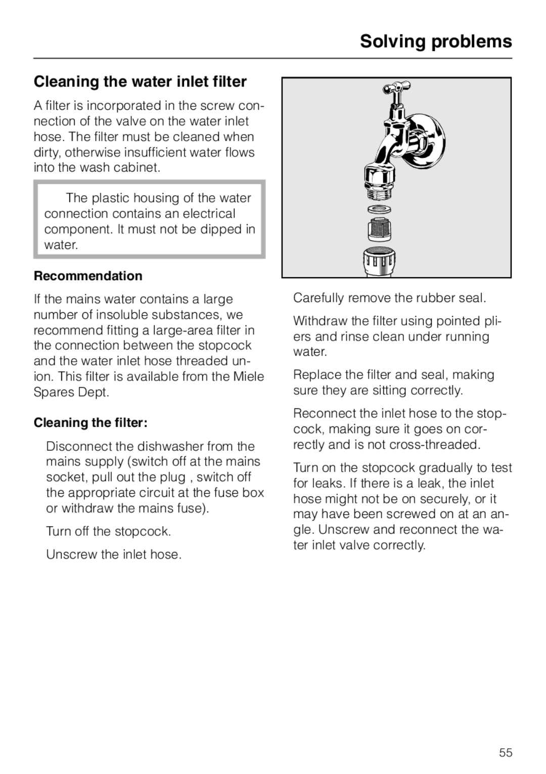 Miele G 6XX, G 8XX Solving problems, Cleaning the water inlet filter, Recommendation, Cleaning the filter 