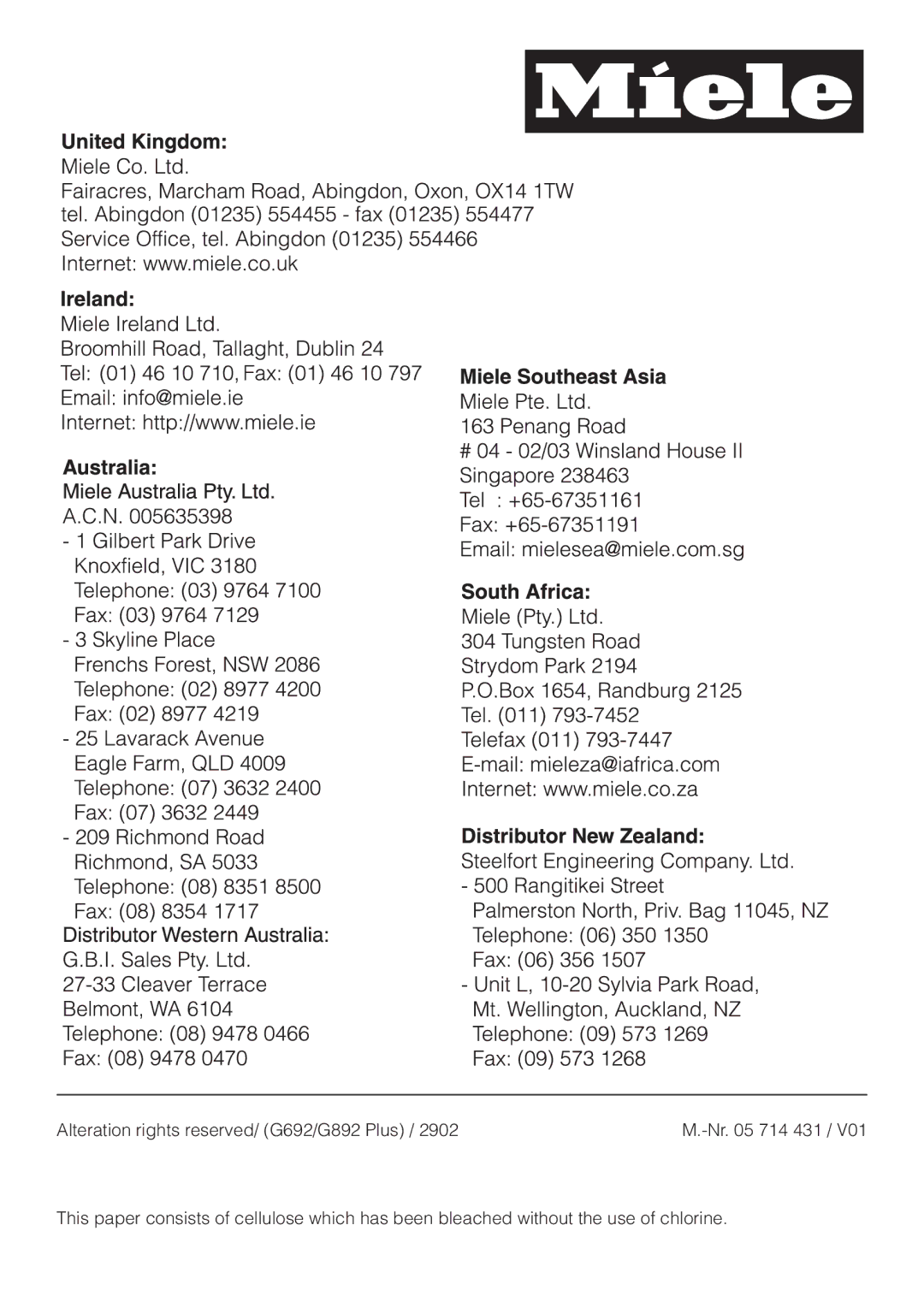 Miele G 8XX, G 6XX operating instructions Alteration rights reserved/ G692/G892 Plus 