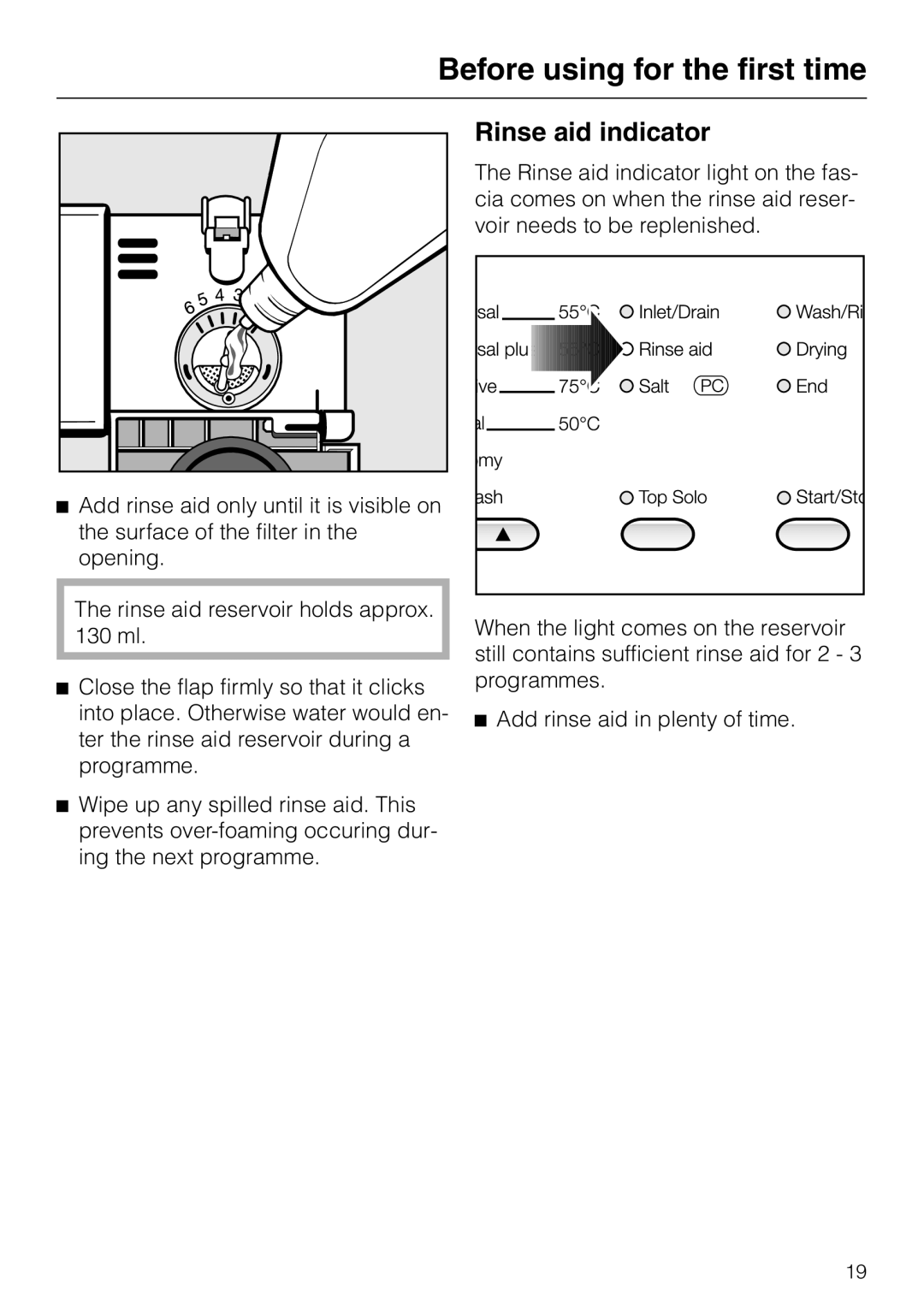 Miele G 6XX, G 8XX operating instructions Rinse aid indicator, Before using for the first time 